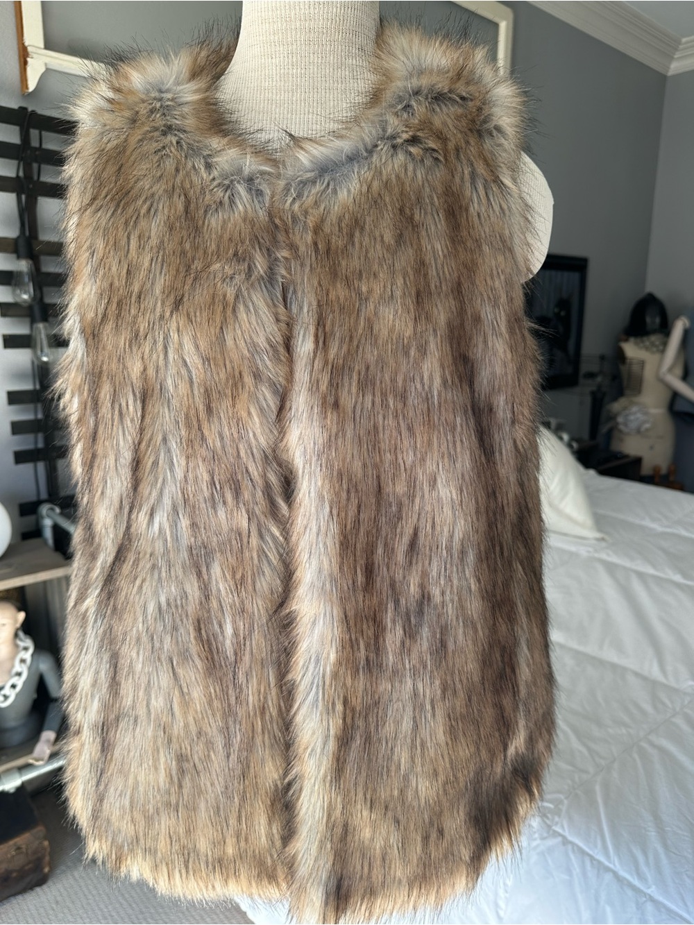 LOFT Faux Fur Vest in Brown and Tan, size medium